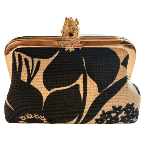 Spartina 449 Bee Kiss Lock Coin Purse Woven Linen Clutch Black Cream - Picture 3 of 10